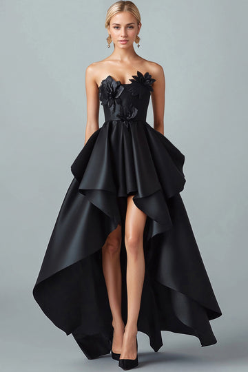 Sparkly Black High-Low A-Line Strapless 3D Flowers Ruffle Satin Formal Dress